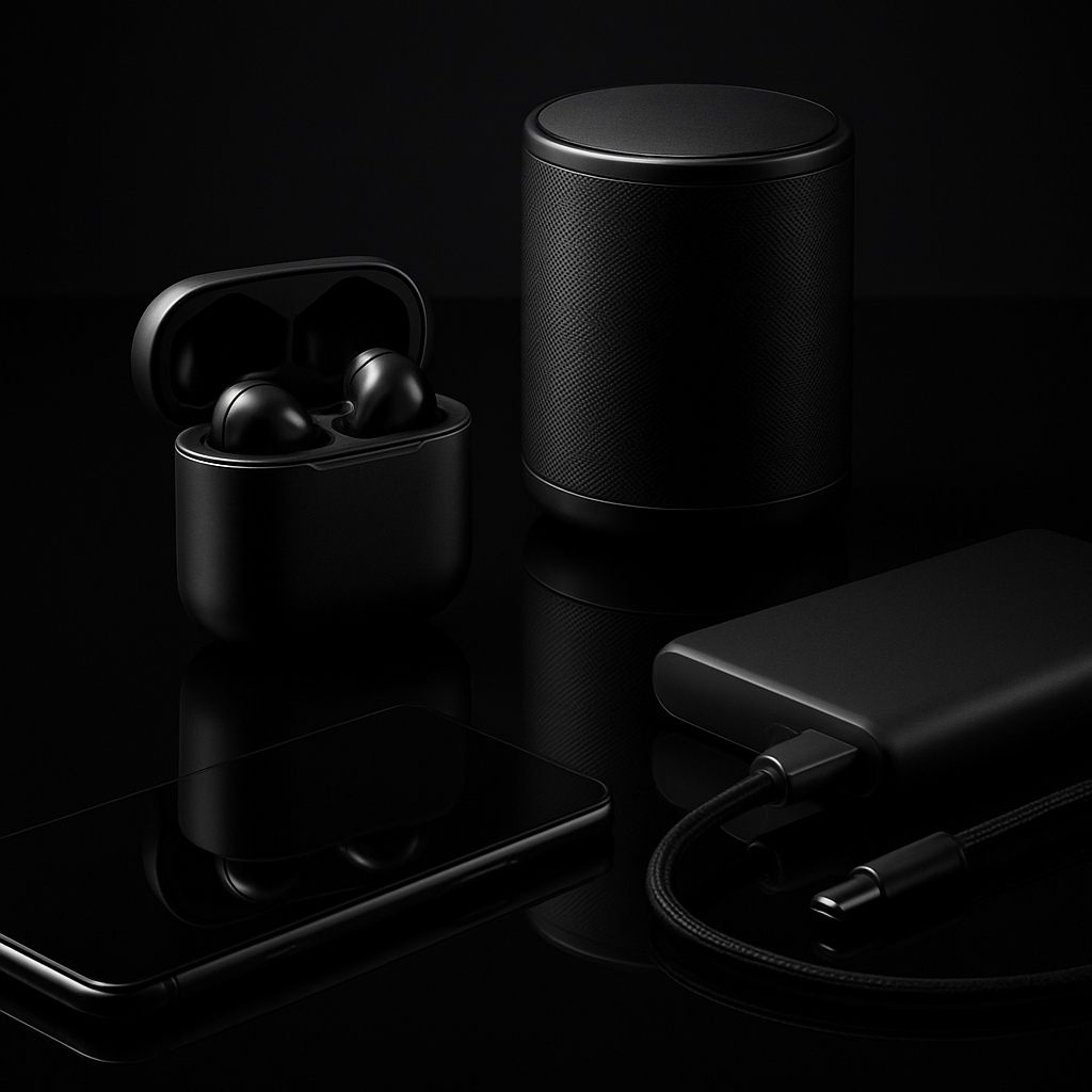 Premium electronic gadgets including wireless earbuds, a bluetooth speaker, and charging accessories